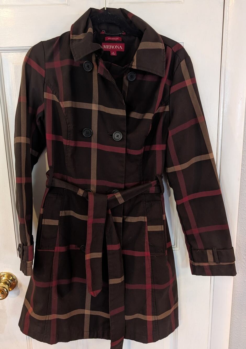 Merona Plaid Water Repellent Trench Coat Small Double Breasted Rain Jacket